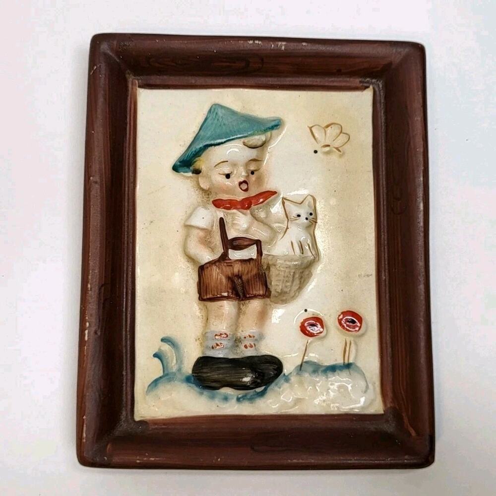Vintage Japan Ceramic 3D Picture Boy With Cat In Basket Wall Hanger - 4.5"x3.5"